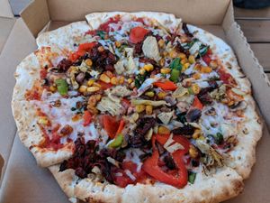 my vegan pizza from pie five at Pie Five Pizza in Branson