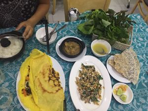 Banh xeo, banana flower salad and braised potatoes with ginger at Huong Viet - Nguyen Trai in Ho Chi Minh City
