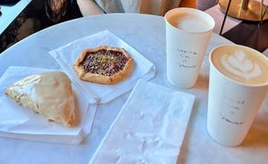 Raspberry pistachio galette, maple scone, sweet potato latte and pumpkin chai at Dark Hall Coffee in Phoenix