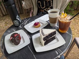 Lavender blackout cake, olive oil cake with berry frosting, espresso tonic and Americano :) at Dark Hall Coffee in Phoenix