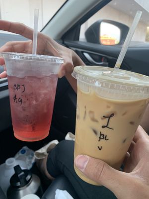 iced blackberry jasmine green tea & iced vanilla latte with oat milk at Dark Hall Coffee in Phoenix