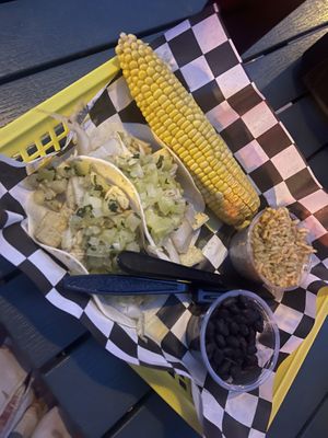 Crispy tofu & kimchi tacos with corn, beans & rice   at The Taco Joint in Hollywood