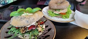 Bagel sandwiches.... delicious vegan with the basil on top at Olivia's Maastricht in Maastricht
