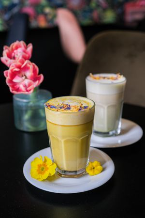 Vegan golden latte + matcha latte  at Olivia's Maastricht in Maastricht
