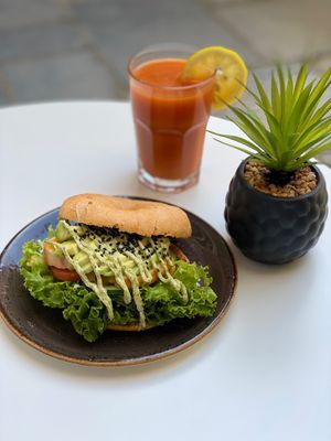 Juice & bagel outside at Olivia's Maastricht in Maastricht