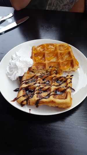 Waffles. This one is half with mango sauce, half with chocolate sauce at SpringInsFeld in Munich