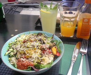 Antipasti salad and home-made limo at SpringInsFeld in Munich