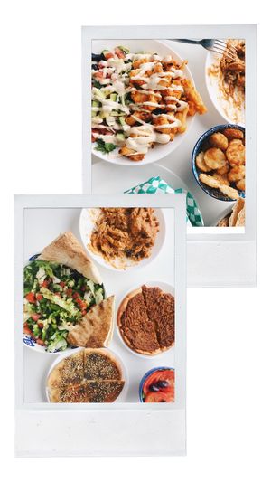 Cauliflower wings, Butter ‘chicken’, ‘Chicken’ shawarma, Breakfast hash browns, Fattoush, Manayeesh, Lahmajoun.  at Dar Nabati in Oakville