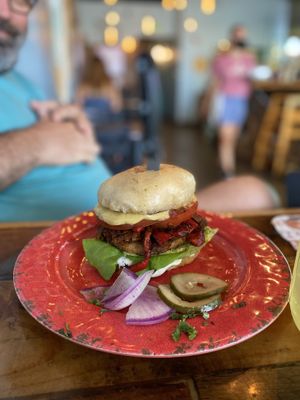 Burger of the week special - jackfruit carnitas on taro burger at Moku Roots in Kula