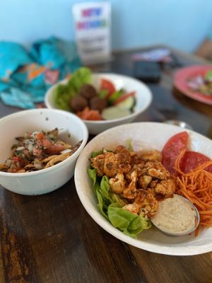 Buffalo cauliflower side, falafel side, and CRAZY fries  at Moku Roots in Kula