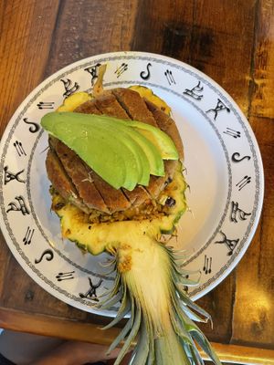 Pineapple fried rice topped with taro patty at Moku Roots in Kula