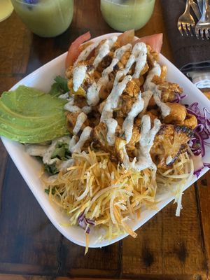 Buffalo cauliflower bowl   at Moku Roots in Kula