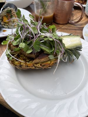 Fried rice in a pineapple  at Moku Roots in Kula