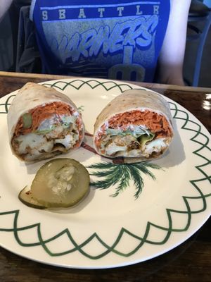 Buffalo cauliflower wrap. at Moku Roots in Kula