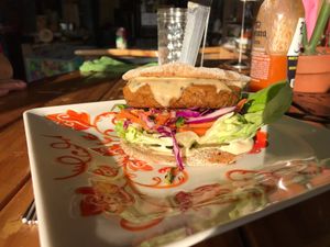 House made taro burgers! at Moku Roots in Kula