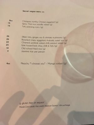 Vegan menu, plenty of choices. It probably changes frequently  at Morks Restaurant in Canberra
