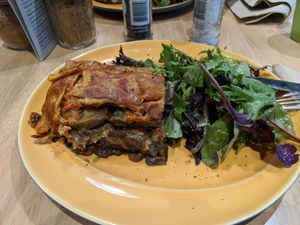Vegan lasagna with salad at Inlakesh Living Foods in Macquarie Park