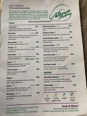 Menu at The Avocado Factory in Canggu