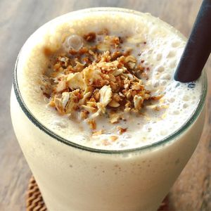 Banana, peanut butter, granola and soy milk smoothie  at The Avocado Factory in Canggu