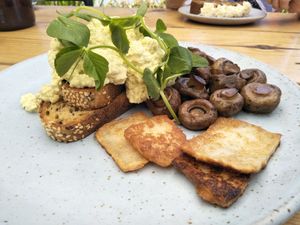 Tofu scramble, mushrooms, vegan haloumi at Blackwork in Croydon
