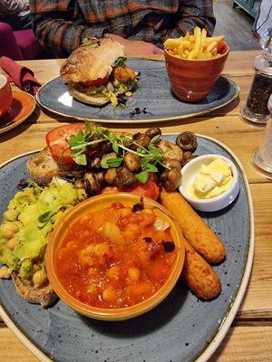 Vegan breakfast and avocado and chickpea ciabatta with fries at Number Forty Four in Kirkby Lonsdale