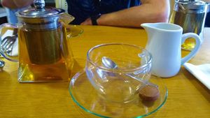 Tea with oat milk and sweet treat at Number Forty Four in Kirkby Lonsdale