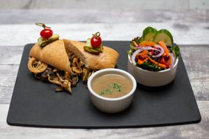 French Mushroom Dip, w/ Caramelized Onions, Mushrooms, Crispy Onion, Horseradish Mustard, Mushroom Dip at 97 Street Pub in Kelowna