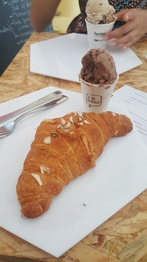 Brownie ice cream and croissant with cashew cheese at Jazzlato in Recife