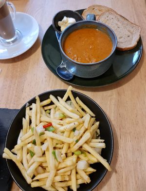 Soup and chilli fries at The Garden Cafe and Takeaway in Kendal