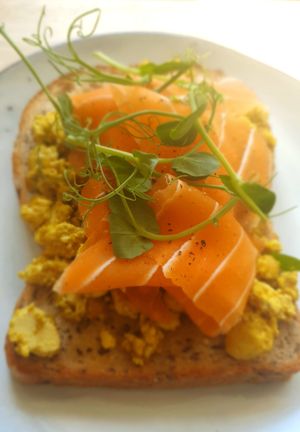 Scramble tofu and valmon on toast at The Garden Cafe and Takeaway in Kendal