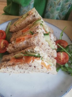 Valmon, cucumber and cream cheese sandwich at The Garden Cafe and Takeaway in Kendal