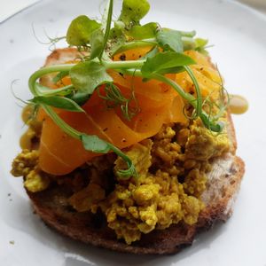 Scrambled tofu with smoked valmon. at The Garden Cafe and Takeaway in Kendal