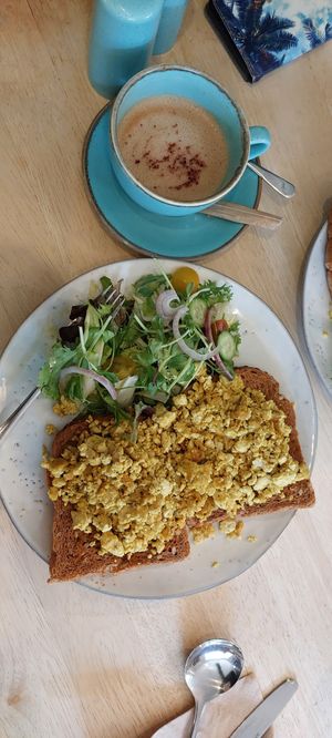 Tofu scramble with cappuccino at The Garden Cafe and Takeaway in Kendal