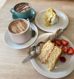 Victoria sponge, lemon cake, cappuccino, and chai lattee  at The Garden Cafe and Takeaway in Kendal