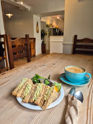 Tofu "egg" sandwich and oat flat white at The Garden Cafe and Takeaway in Kendal