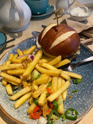 Burger with salt and pepper fries  at The Garden Cafe and Takeaway in Kendal