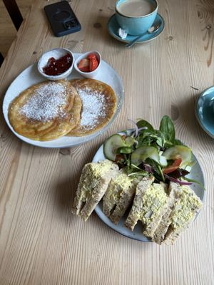 Egg mayo and cress sandwich and pancakes   at The Garden Cafe and Takeaway in Kendal