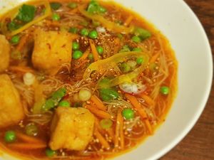 Crispy tofu noodle bowl at The Garden Cafe and Takeaway in Kendal