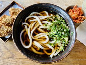 Udon with kimchi and tempura oyster mushrooms  at Ka Vegan Udon & Sushi in Krakow
