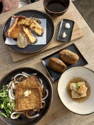 Vegetable tempura, kitsune udon, agedashi tofu and inari   at Ka Vegan Udon & Sushi in Krakow