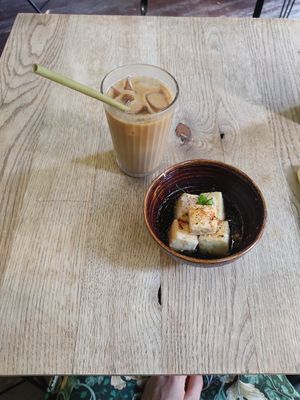 ice latte and fried/marinated tofu at Ka Vegan Udon & Sushi in Krakow