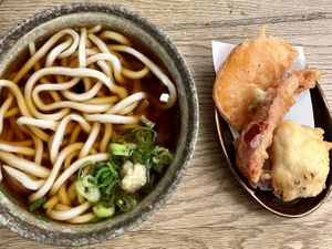 Udon noodle soup with fried vegetables on the side   at Ka Vegan Udon & Sushi in Krakow