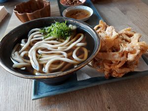 Soup with tempura vegetables at Ka Vegan Udon & Sushi in Krakow