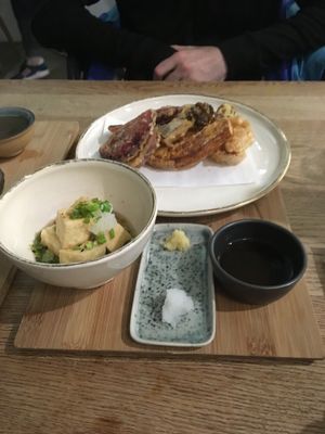 Tempura at the top, aged tofu on the left, soy sauce on the right  at Ka Vegan Udon & Sushi in Krakow