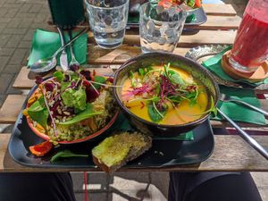 Soup and veggie bowl at Nirvana in Riga