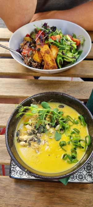 Cauliflower soup and quinoa bowl  at Nirvana in Riga