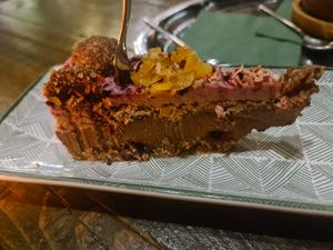 Chocolate and raspberry raw cheesecake at Nirvana in Riga