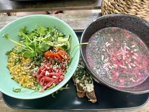 Lunch deal of a main (Dahl) and a soup   at Nirvana in Riga