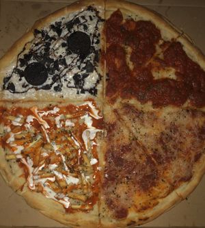 Oreo(TL), Garlic marinara(TR), Buffalo (BL), Cheese (BR)  at Mora Pizza in Miami