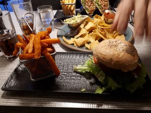 Vegan burger with sweet potatoe fries at Salt Cafe & Bistro in Egilsstadir